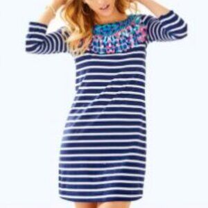 Lilly Pulitzer Bay Dress Size Small Bright Navy Island Medallion Stripe NWTU